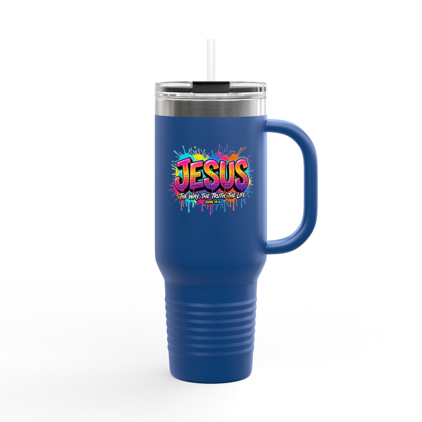 40oz Insulated Travel Mug — Colorful 'JESUS' Graffiti Design, Spill‑Resistant Tumbler for Christian Gifts
