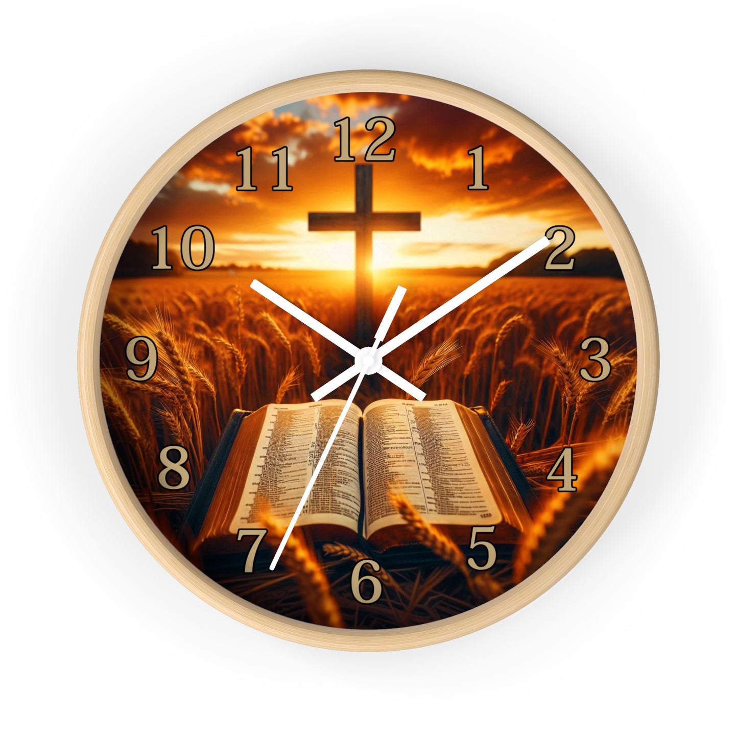 Christian Wall Clock — Cross & Open Bible Sunset Decorative Clock