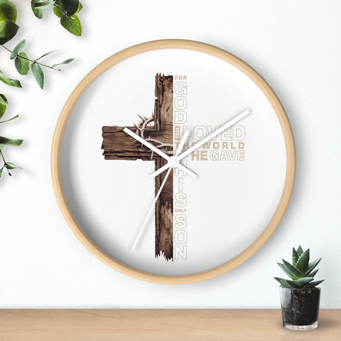 Wooden Cross Wall Clock — "For God So Loved the World He Gave His Son" Christian Home Decor