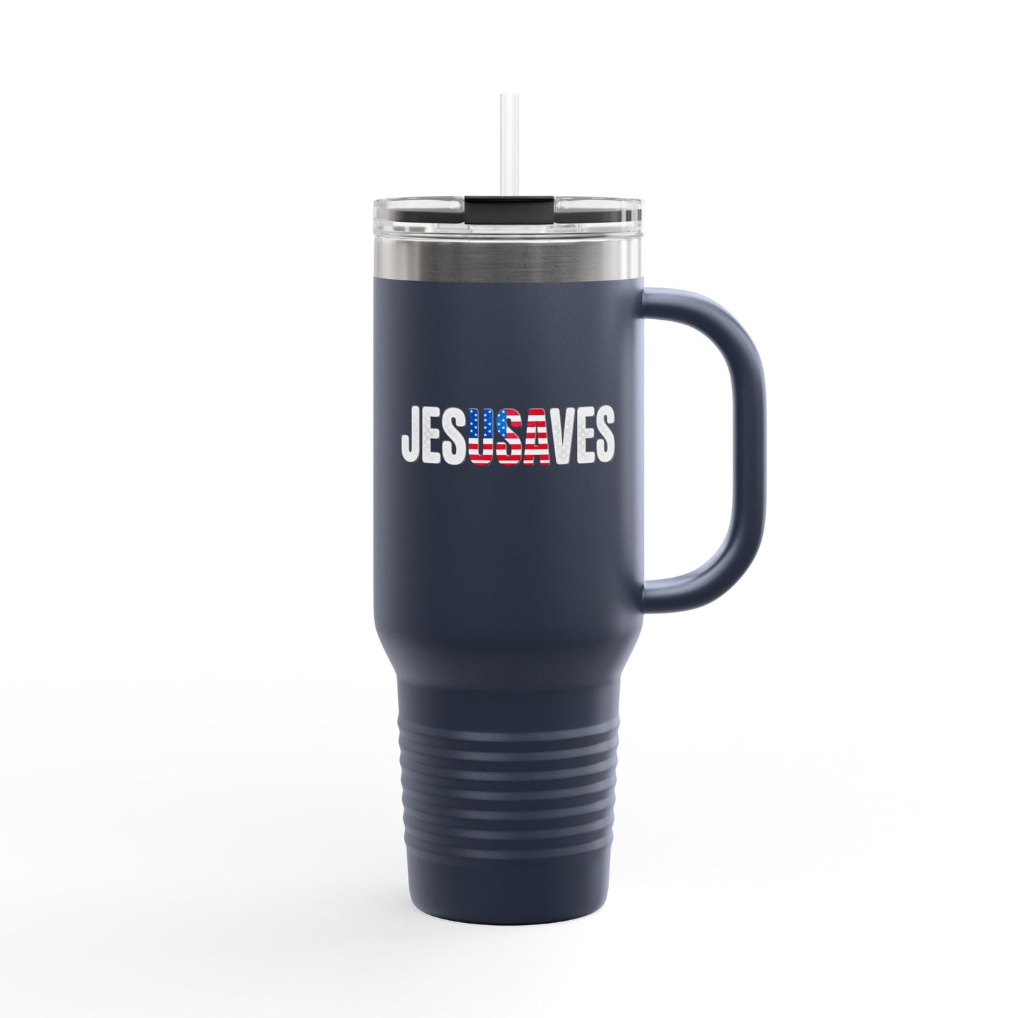 40oz Insulated Travel Mug – 'Jesus Saves' Patriotic American Flag Design