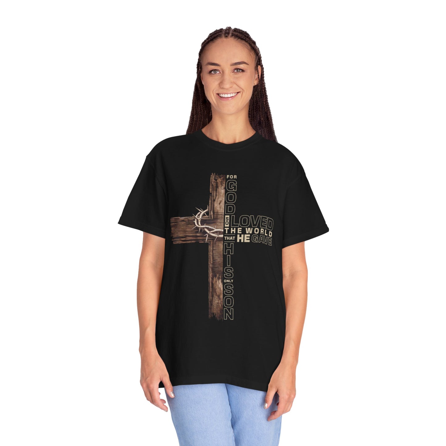 Christian Cross T-Shirt — "For God So Loved the World" Inspirational Tee