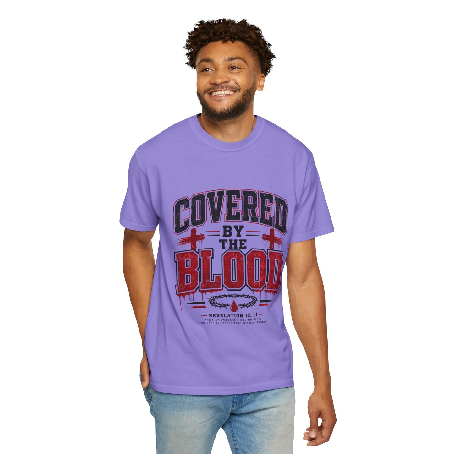 Covered by the Blood T-Shirt — Christian Faith Graphic Tee (Revelation 12:11)