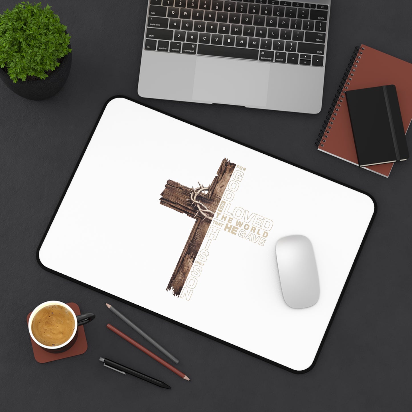 Christian Cross Desk Mat – "God Loved the World He Gave His Son" Inspirational Office Mat