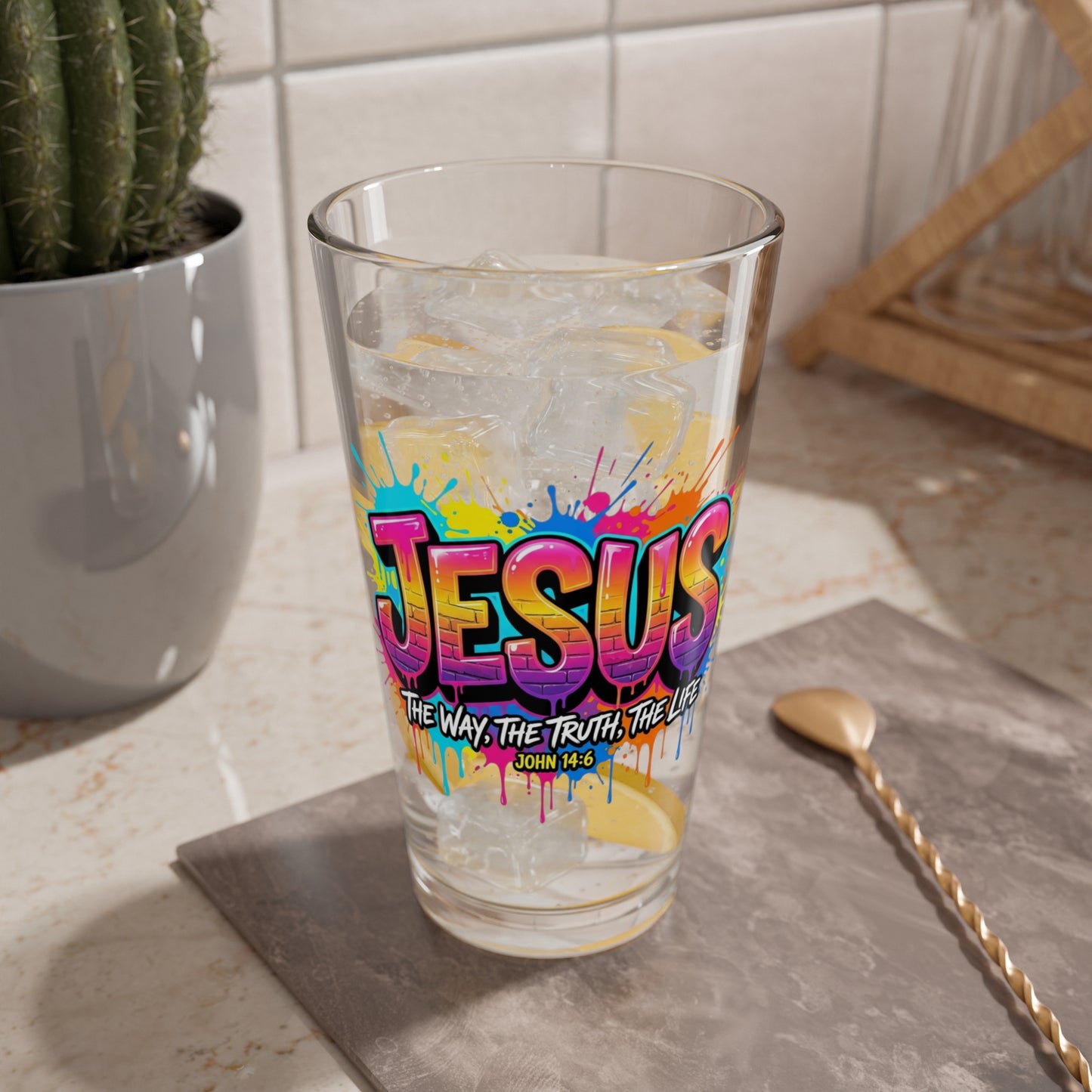 Mixing Glass - Colorful 'JESUS' Graffiti Pint Glass (16oz)
