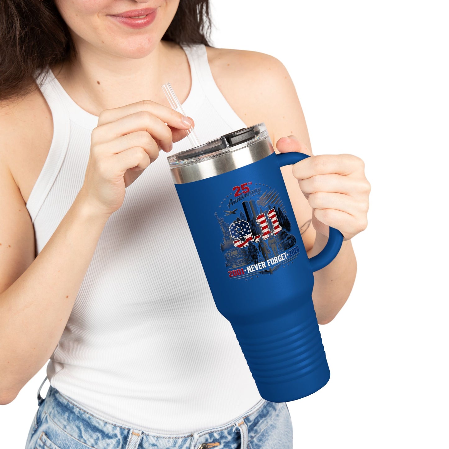 25th Anniversary 40oz Insulated Travel Mug — American Flag Memorial Design