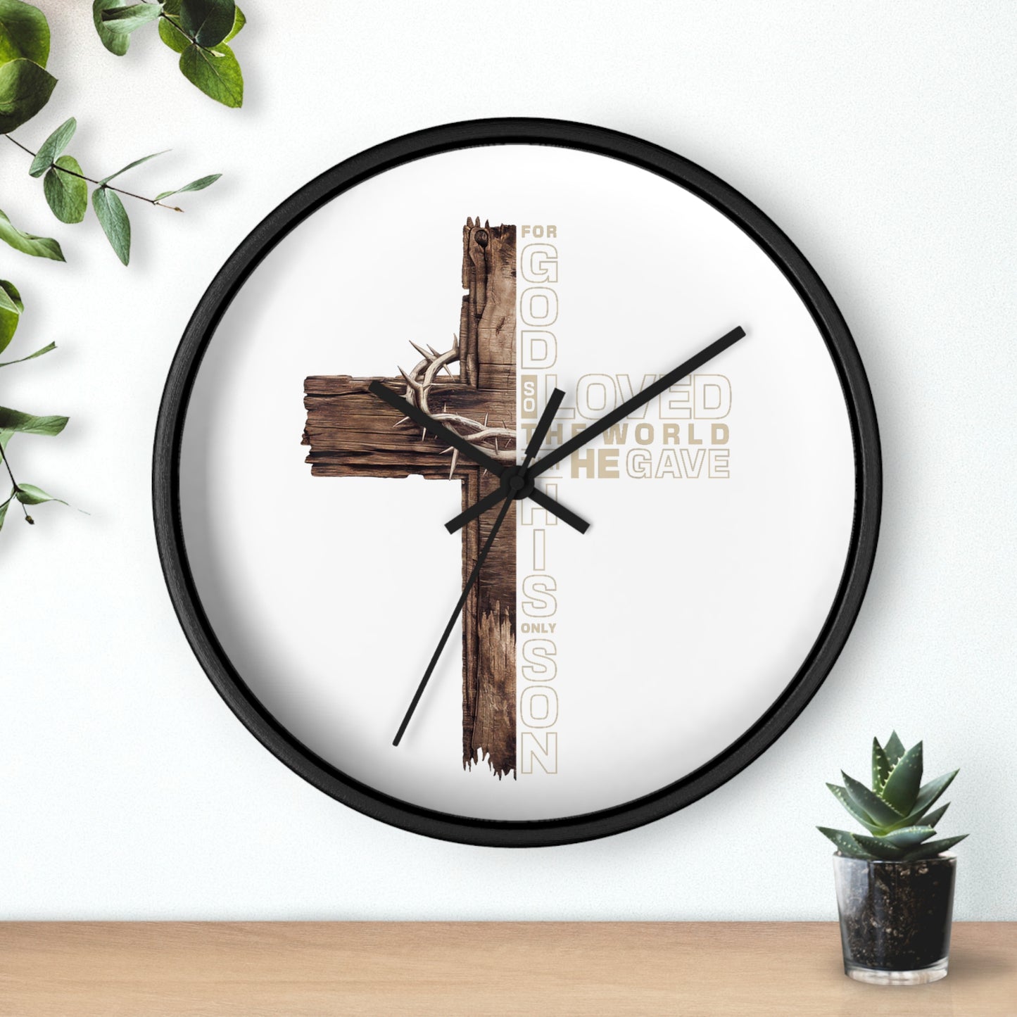 Wooden Cross Wall Clock — "For God So Loved the World He Gave His Son" Christian Home Decor