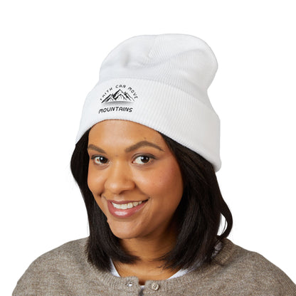 Embroidered Mountain Beanie — "Faith Can Move Mountains" Cuffed Knit Hat