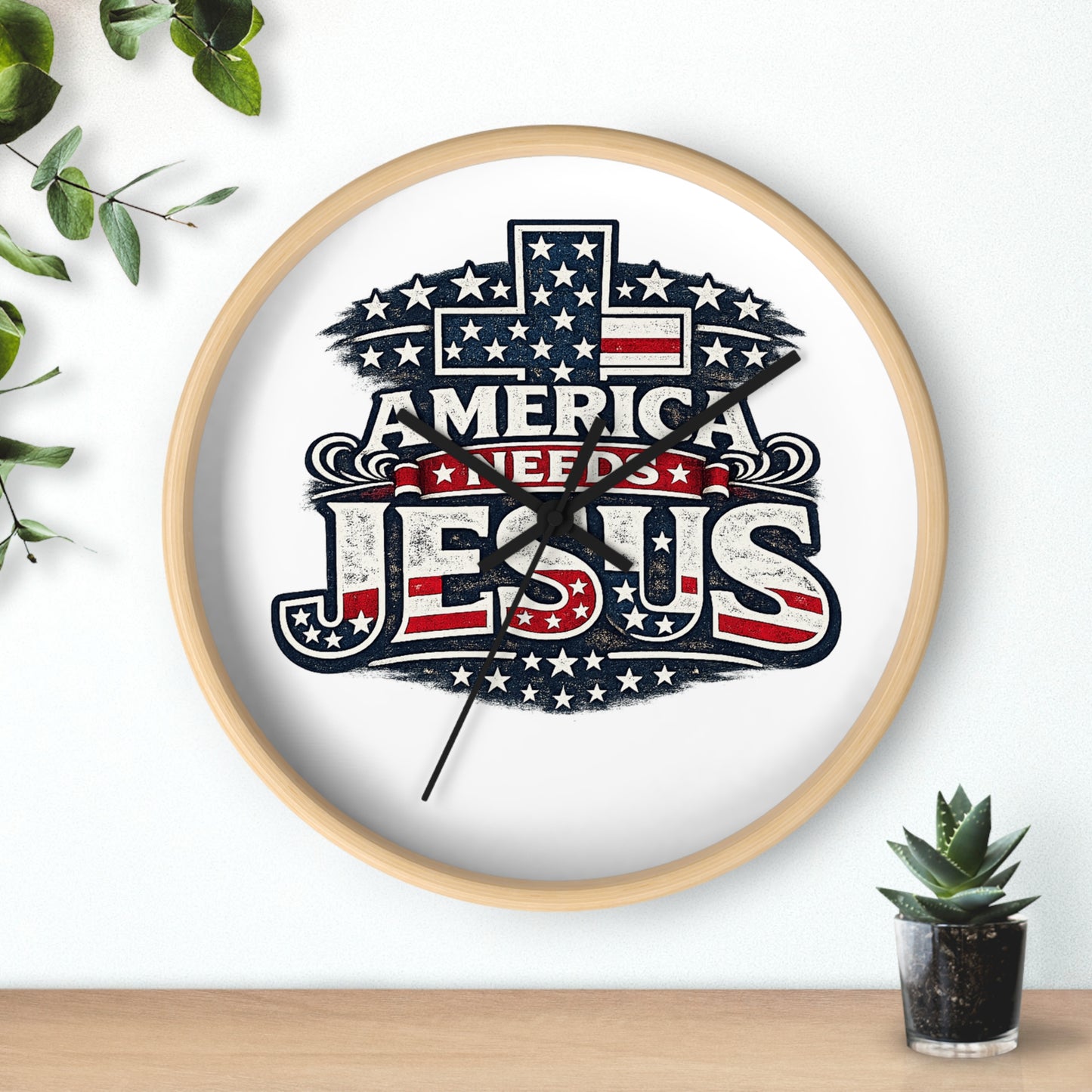 Wall Clock — "America Needs Jesus" Patriotic Cross Clock