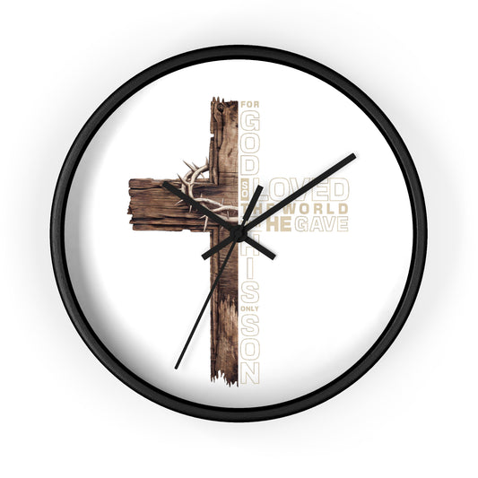 Wooden Cross Wall Clock — "For God So Loved the World He Gave His Son" Christian Home Decor
