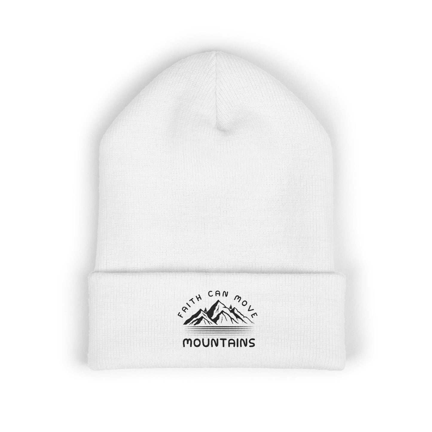 Embroidered Mountain Beanie — "Faith Can Move Mountains" Cuffed Knit Hat