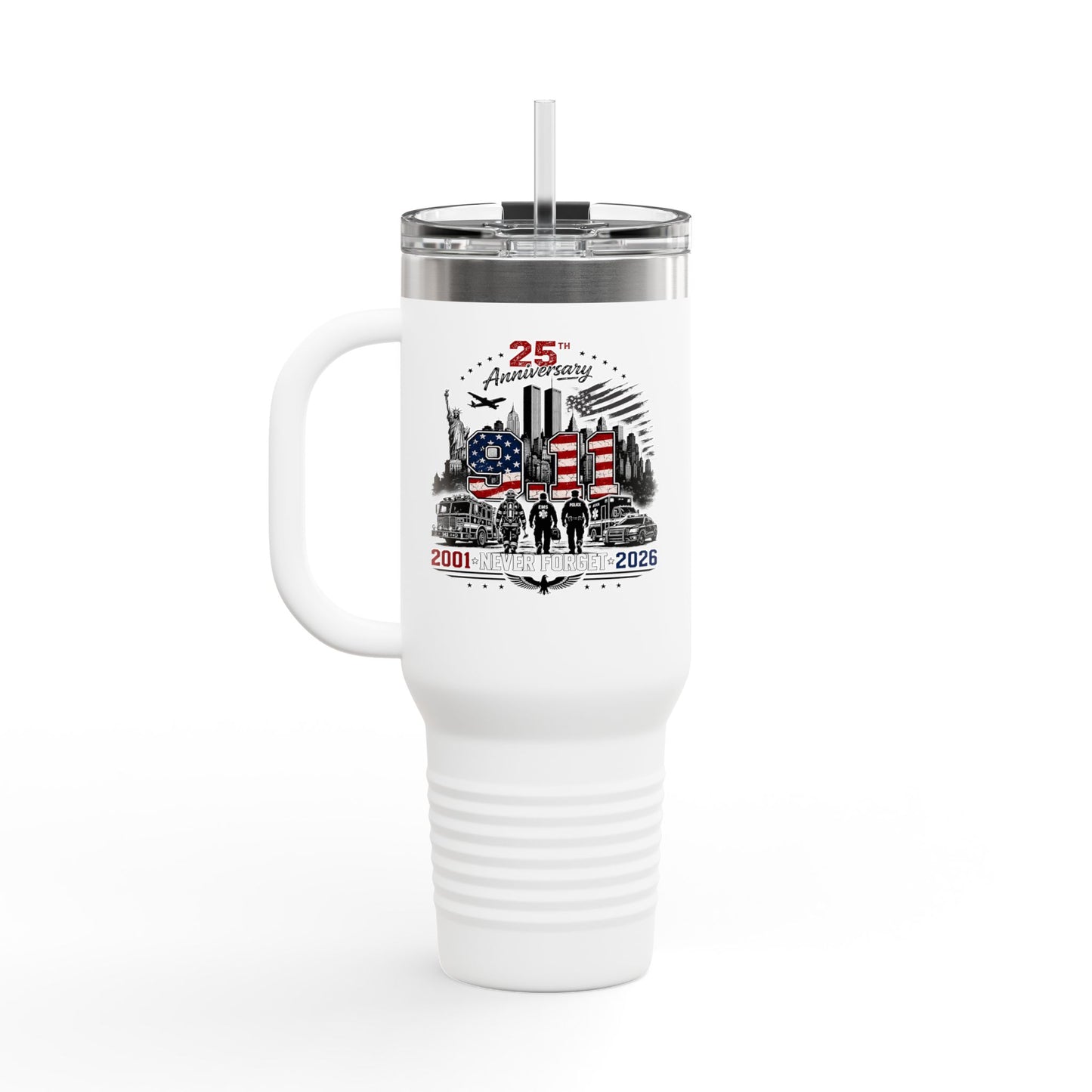 25th Anniversary 40oz Insulated Travel Mug — American Flag Memorial Design