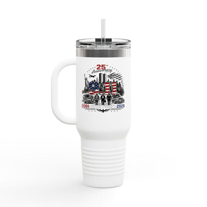 25th Anniversary 40oz Insulated Travel Mug — American Flag Memorial Design
