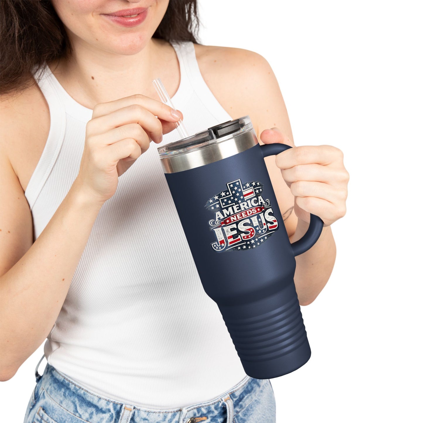 40oz Insulated Travel Mug — "America Needs Jesus" Patriotic Stainless Tumbler