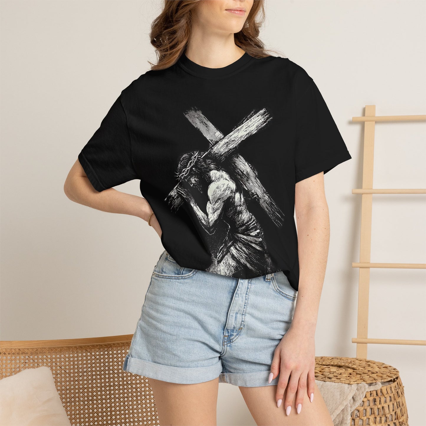 T‑Shirt — Christ Carrying Cross Black Illustration Graphic Tee