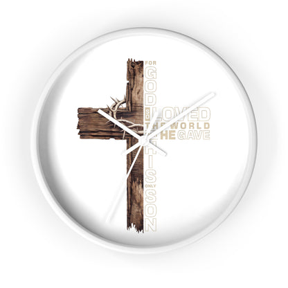 Wooden Cross Wall Clock — "For God So Loved the World He Gave His Son" Christian Home Decor