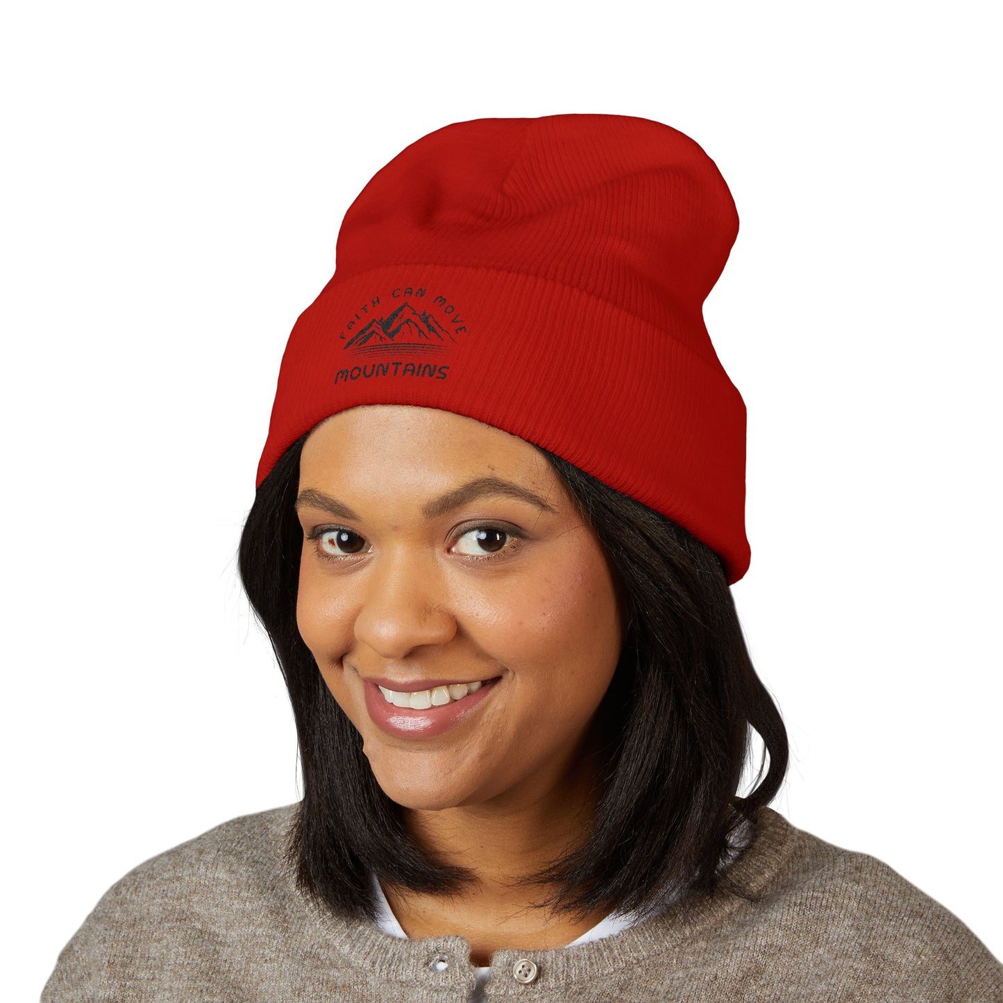 Embroidered Mountain Beanie — "Faith Can Move Mountains" Cuffed Knit Hat