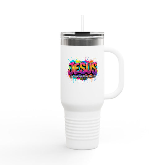 40oz Insulated Travel Mug — Colorful 'JESUS' Graffiti Design, Spill‑Resistant Tumbler for Christian Gifts