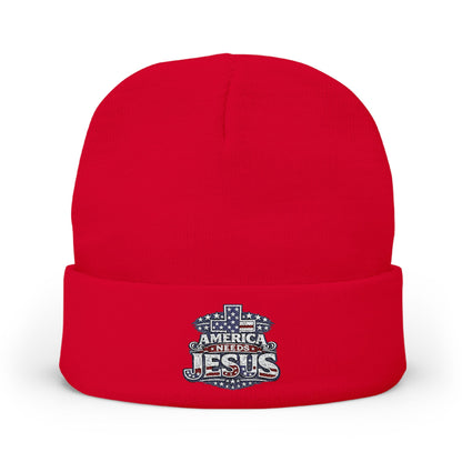 Embroidered "America Loves Jesus" Knit Beanie — Patriotic Christian Winter Hat