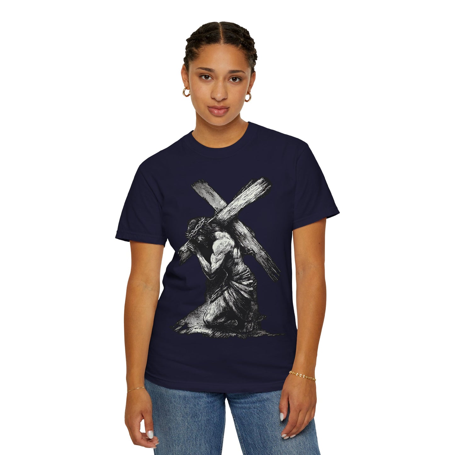 T‑Shirt — Christ Carrying Cross Black Illustration Graphic Tee