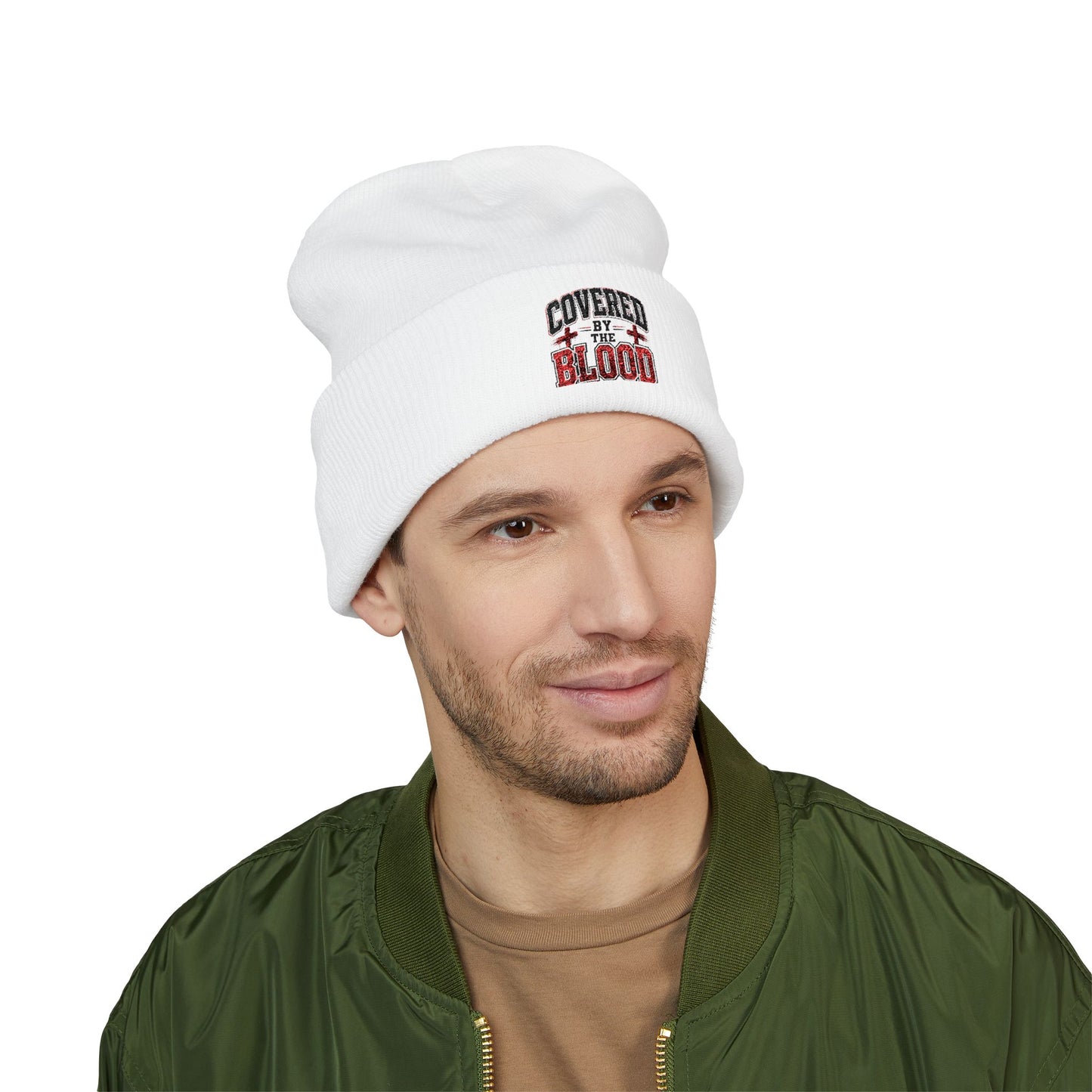 Embroidered 'Covered by the Blood' Cuffed Beanie — Christian Faith Knit Hat