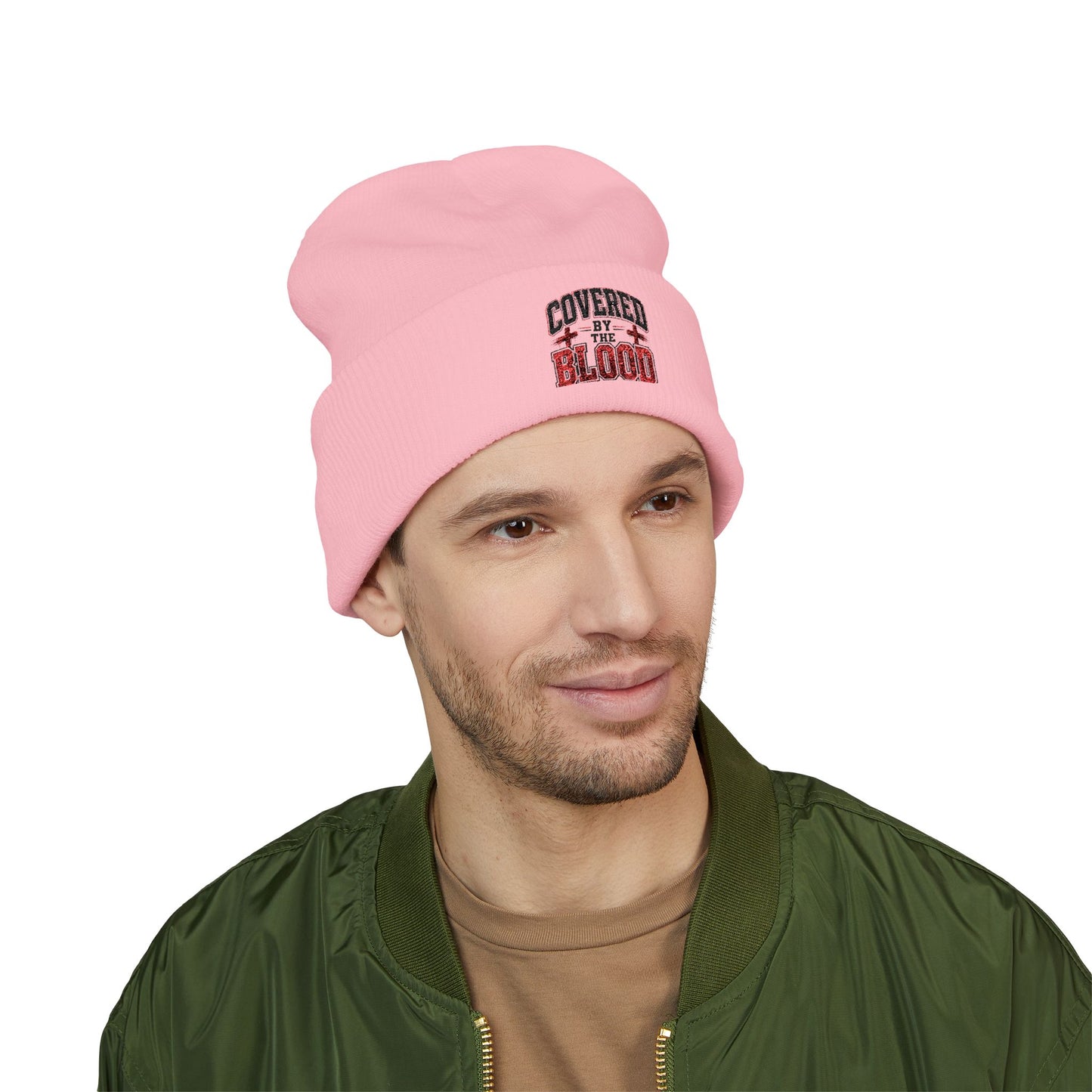 Embroidered 'Covered by the Blood' Cuffed Beanie — Christian Faith Knit Hat