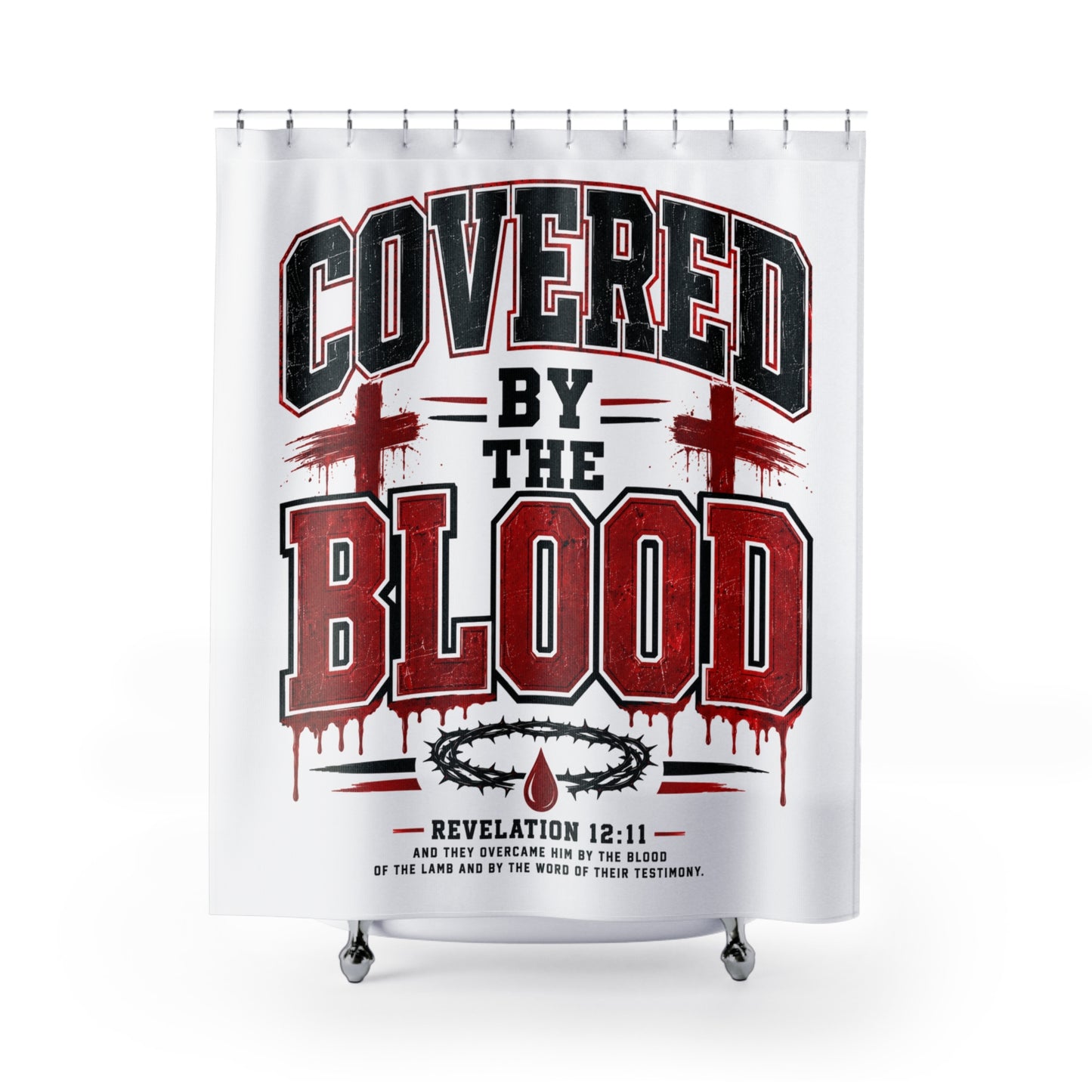 Shower Curtain - "Covered by the Blood" Christian Bathroom Decor (Revelation 12:11)
