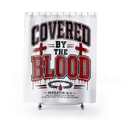 Shower Curtain - "Covered by the Blood" Christian Bathroom Decor (Revelation 12:11)