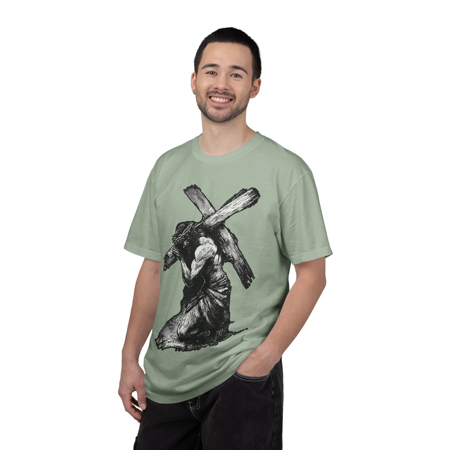T‑Shirt — Christ Carrying Cross Black Illustration Graphic Tee