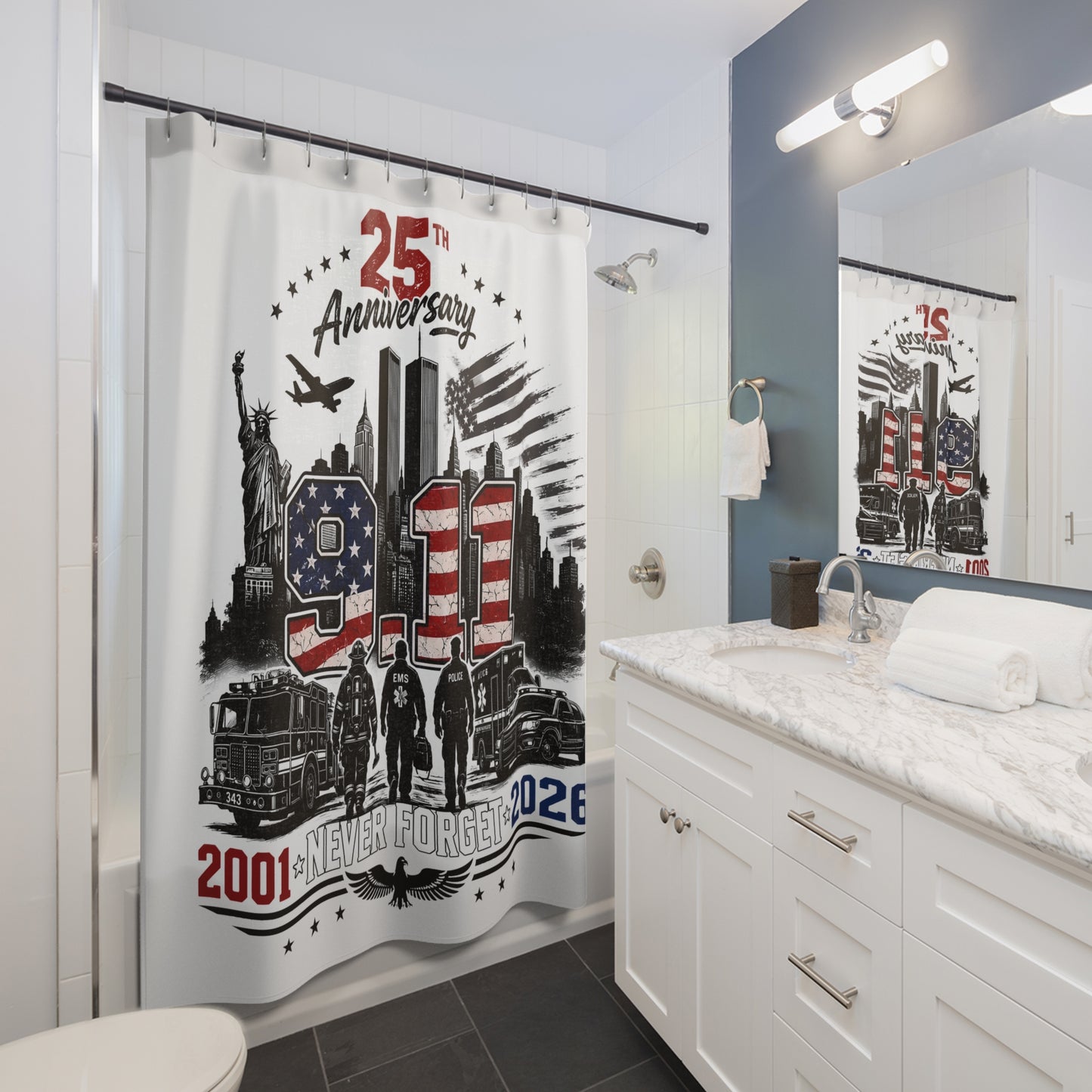 9/11 25th Anniversary Memorial Shower Curtain — Never Forget 2001–2026