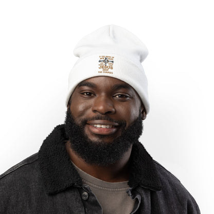 Embroidered Christian Cross Beanie — "Jesus Drop The Charges" Knit Hat