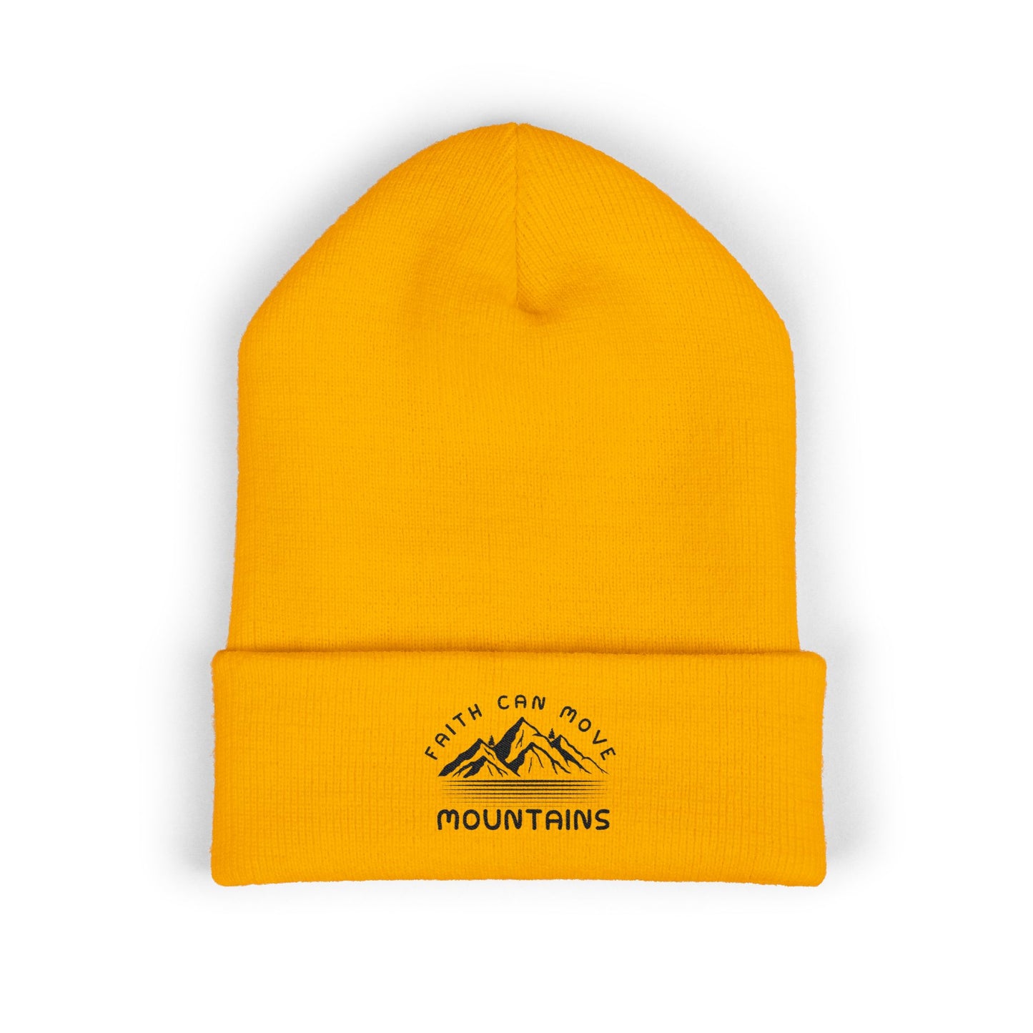 Embroidered Mountain Beanie — "Faith Can Move Mountains" Cuffed Knit Hat