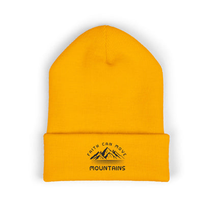 Embroidered Mountain Beanie — "Faith Can Move Mountains" Cuffed Knit Hat