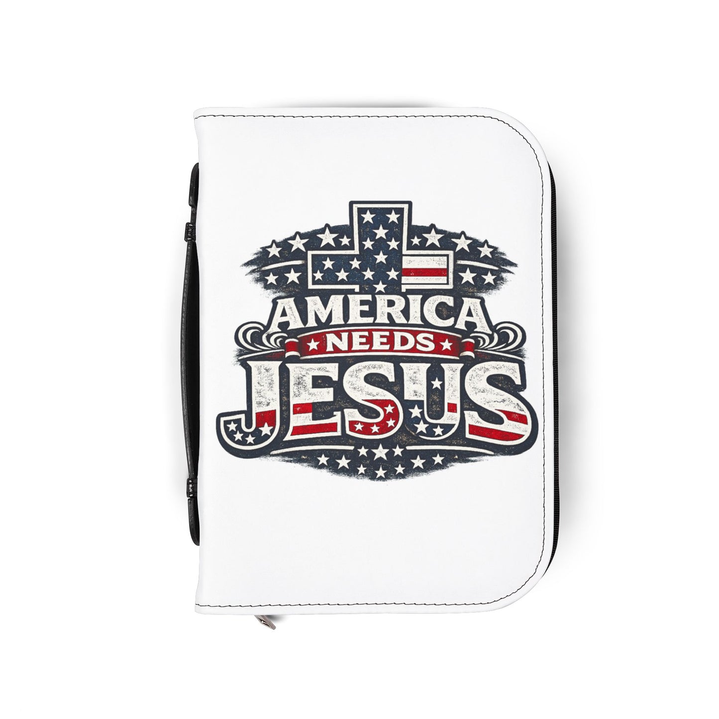 Bible Cover — “America Needs Jesus” Patriotic Cross Zippered Bible Case