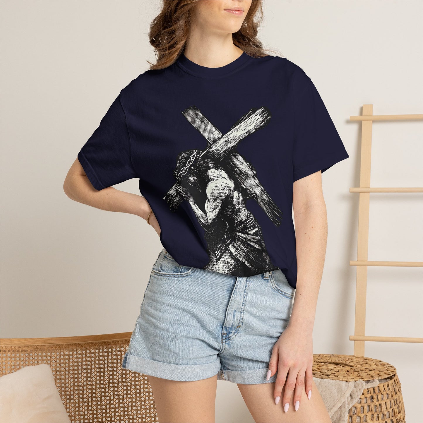 T‑Shirt — Christ Carrying Cross Black Illustration Graphic Tee