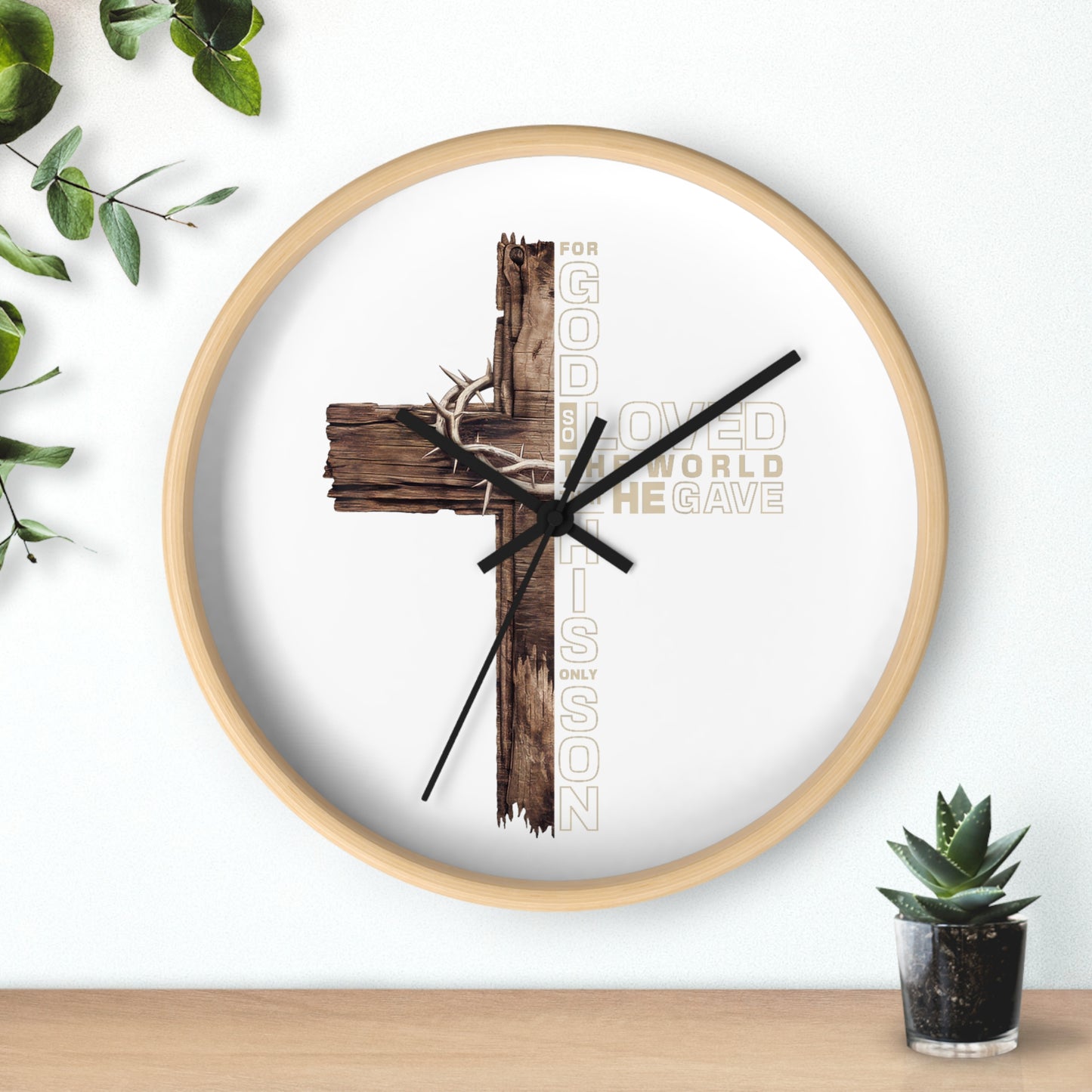 Wooden Cross Wall Clock — "For God So Loved the World He Gave His Son" Christian Home Decor