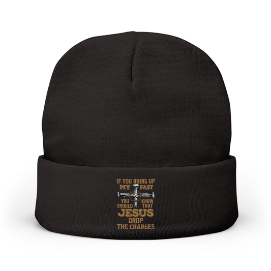 Embroidered Christian Cross Beanie — "Jesus Drop The Charges" Knit Hat