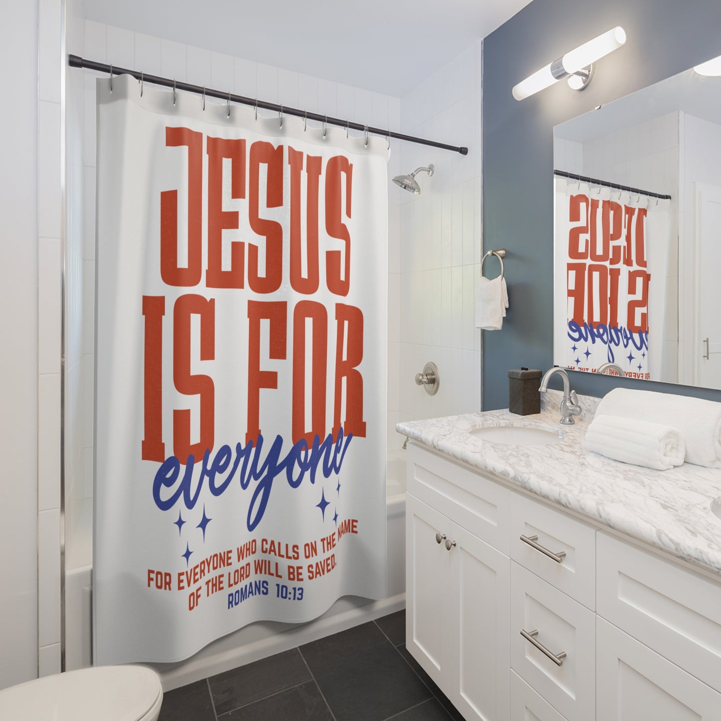 Jesus Is For Everyone Shower Curtain — Christian Faith Bathroom Decor (Romans 10:13)