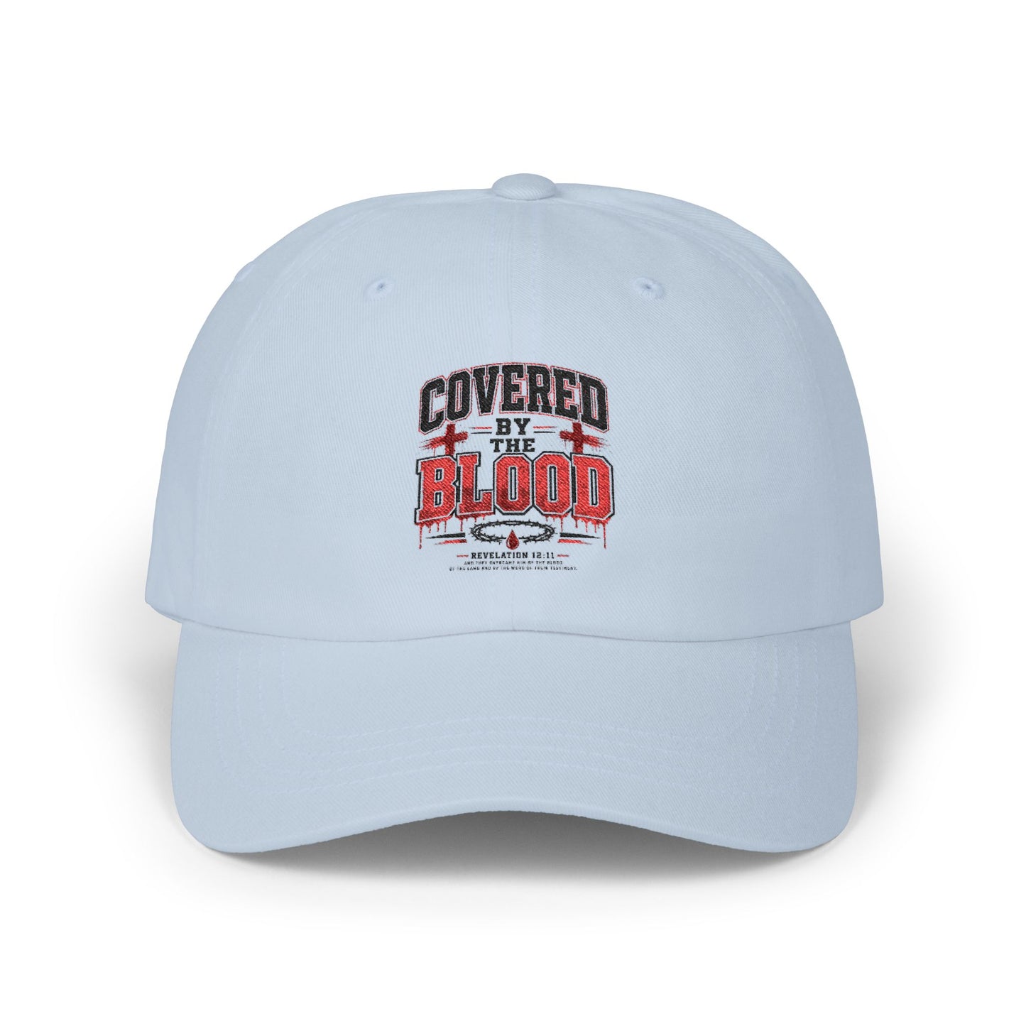 Dad Cap — "Covered by the Blood" Embroidered Christian Baseball Hat