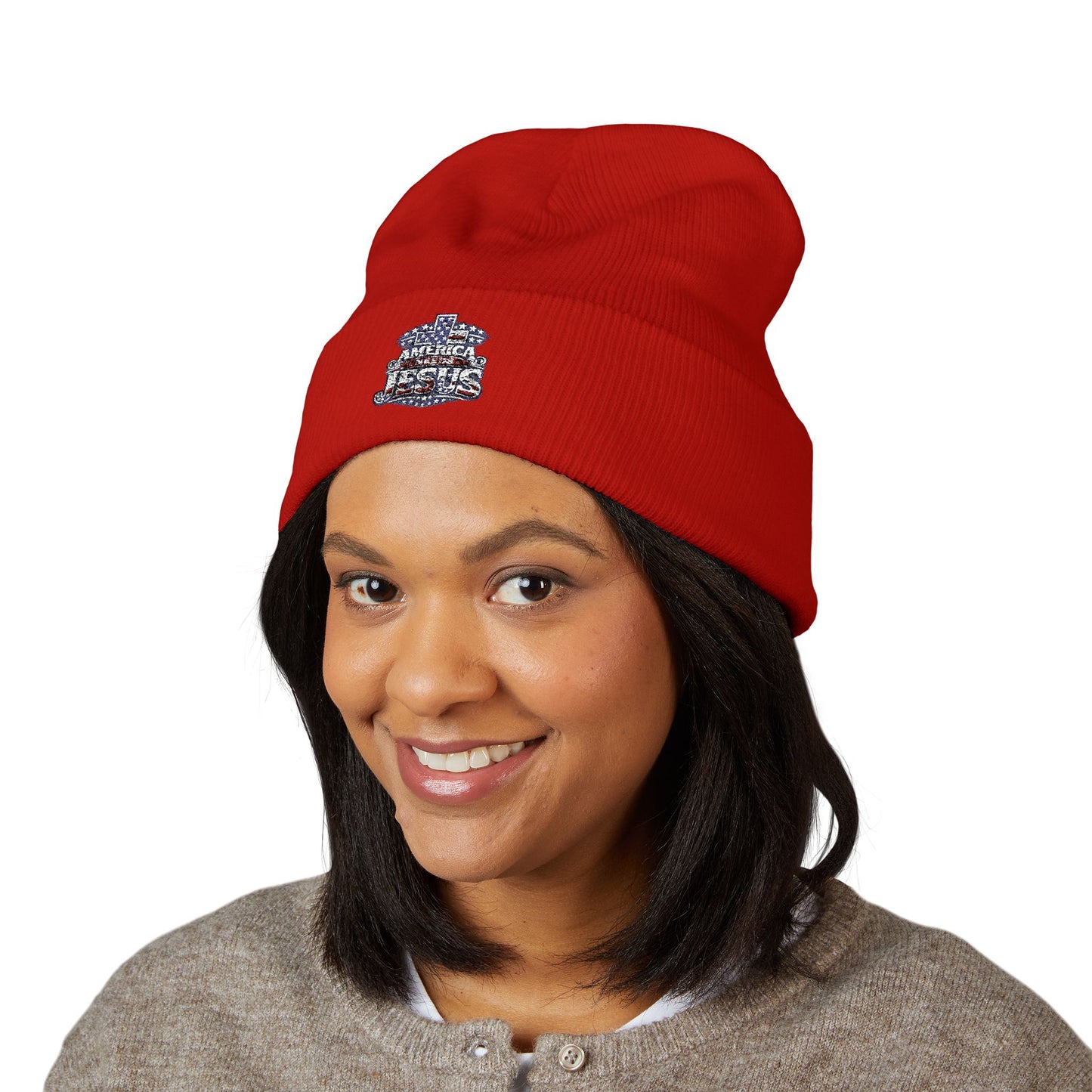 Embroidered 'Jesus' Crown Cuffed Beanie — Christian Faith Winter Hat