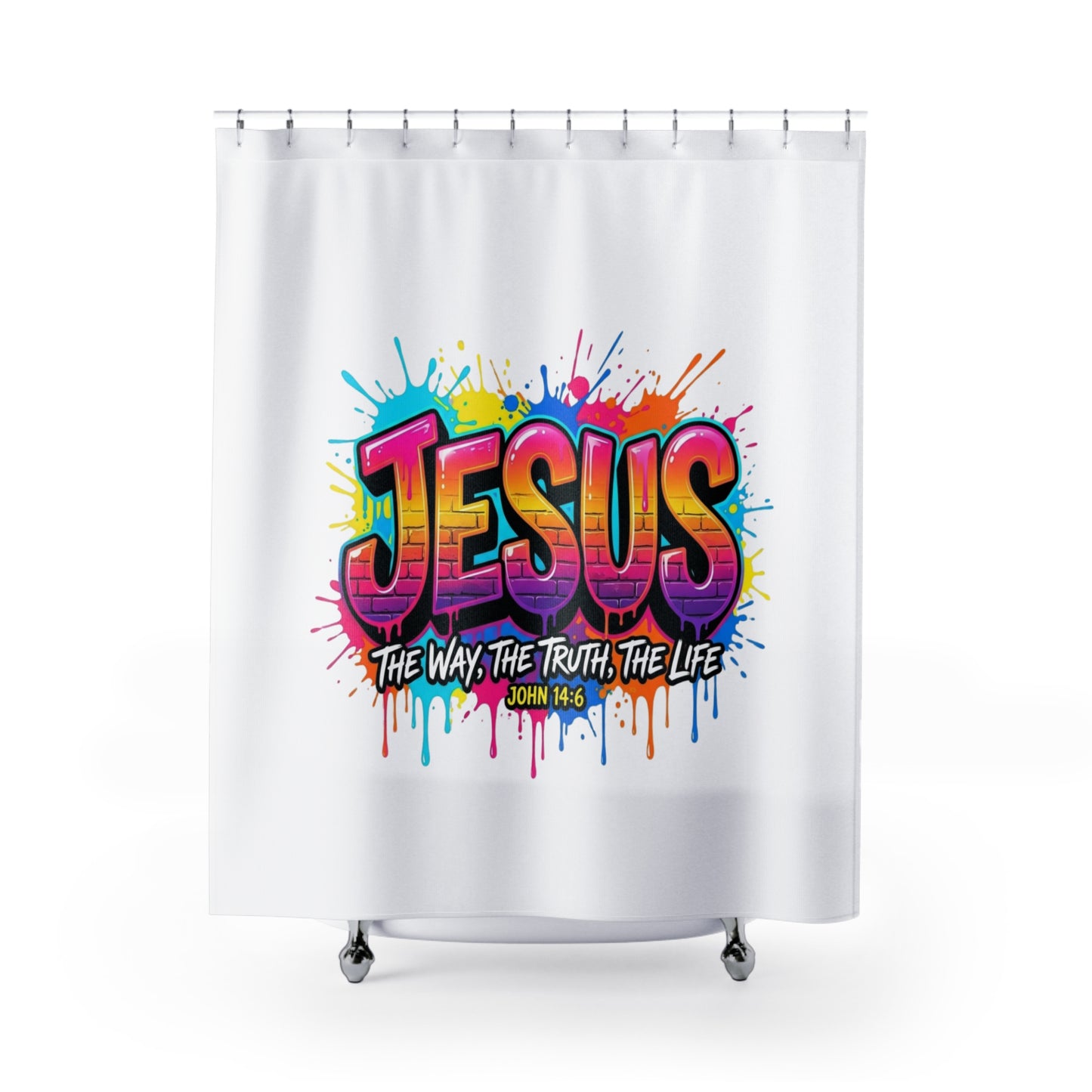 Jesus Graffiti Shower Curtain — 'The Way, The Truth, The Life' Colorful Christian Bathroom Decor