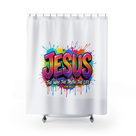Jesus Graffiti Shower Curtain — 'The Way, The Truth, The Life' Colorful Christian Bathroom Decor