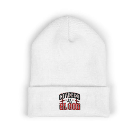 Embroidered 'Covered by the Blood' Cuffed Beanie — Christian Faith Knit Hat