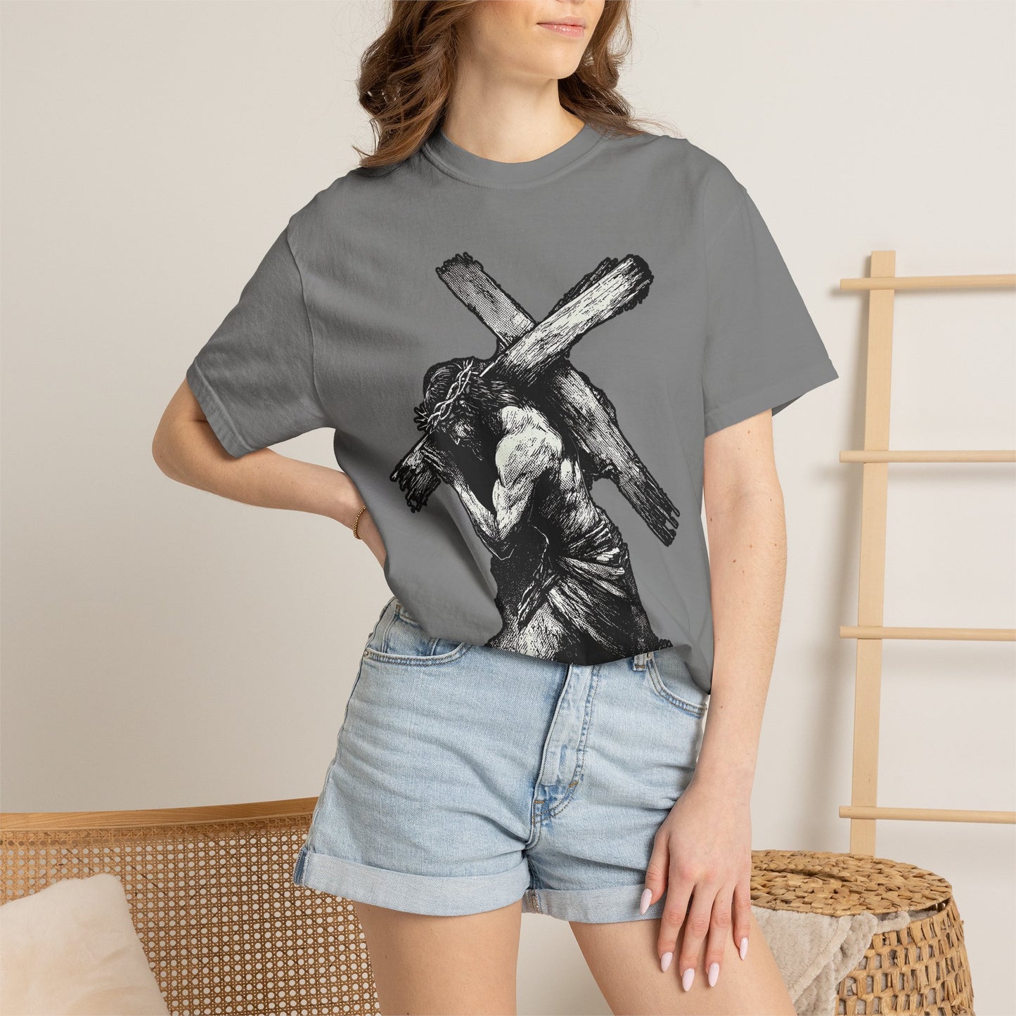 T‑Shirt — Christ Carrying Cross Black Illustration Graphic Tee