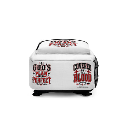 Christian Faith Backpack — "Covered by the Blood / God’s Plan is Perfect" Inspirational Scripture Bag