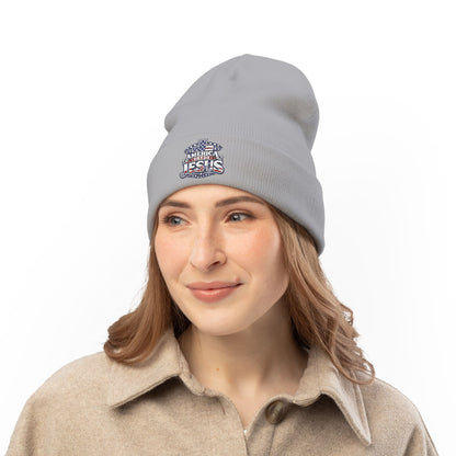 Embroidered "America Loves Jesus" Knit Beanie — Patriotic Christian Winter Hat