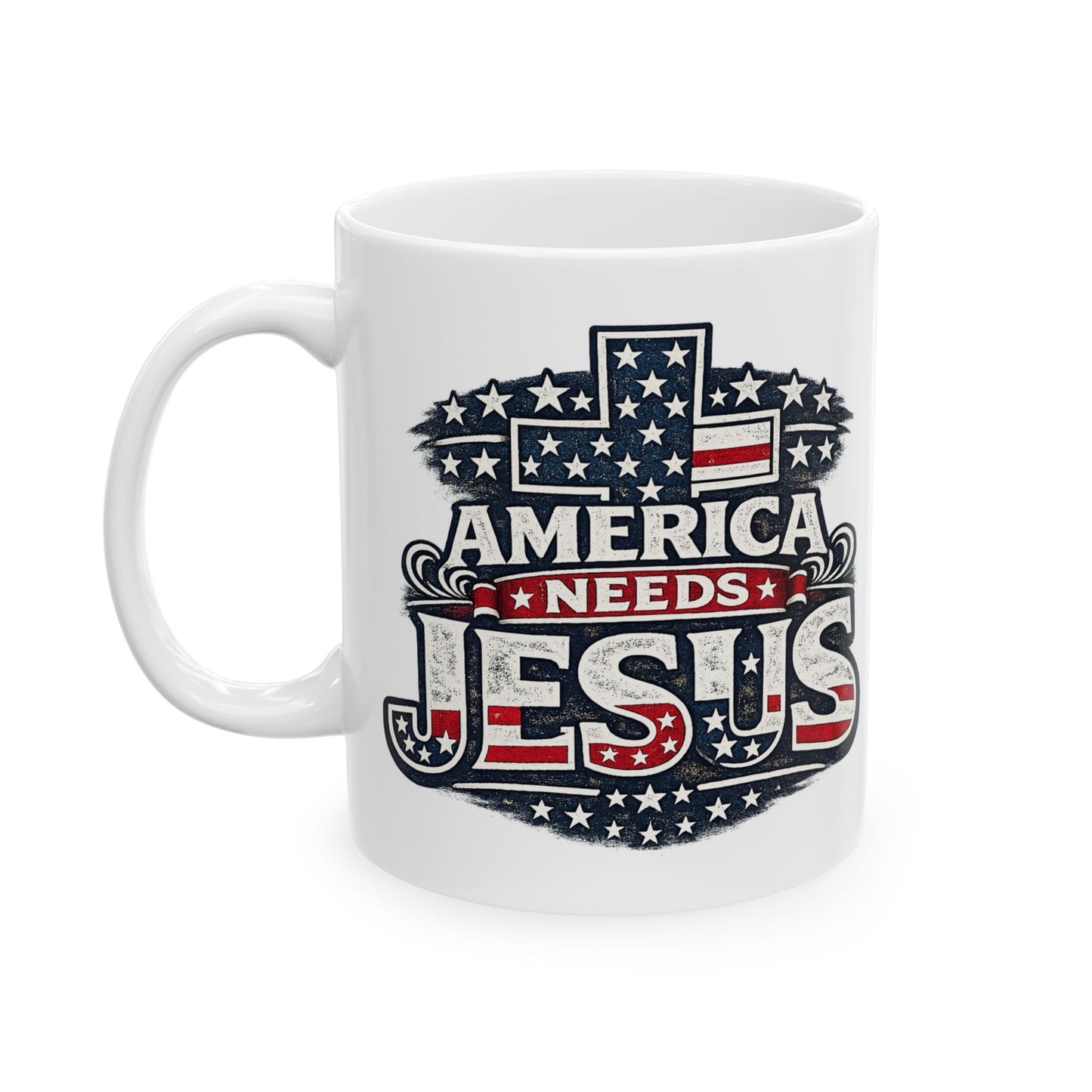 America Loves Jesus Ceramic Mug — Patriotic Christian Coffee Cup (11oz & 15oz)