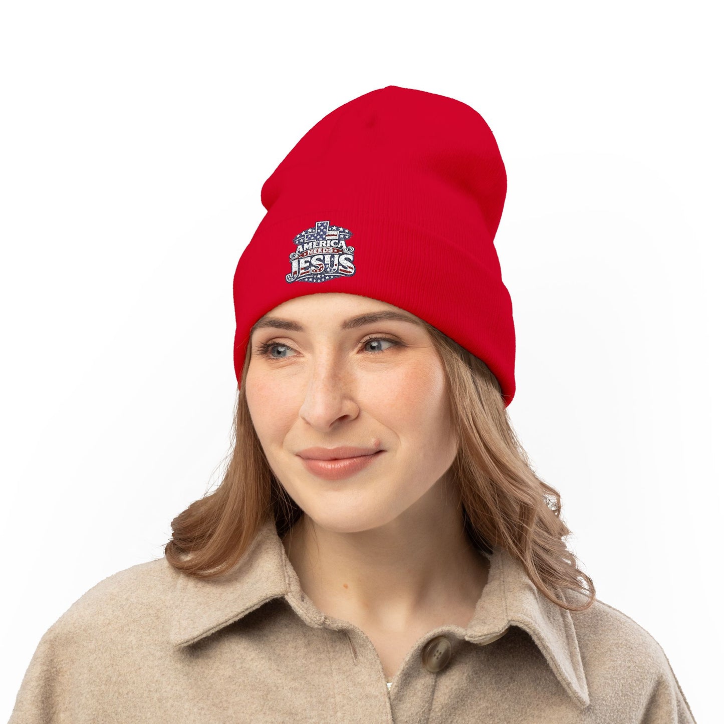 Embroidered "America Loves Jesus" Knit Beanie — Patriotic Christian Winter Hat