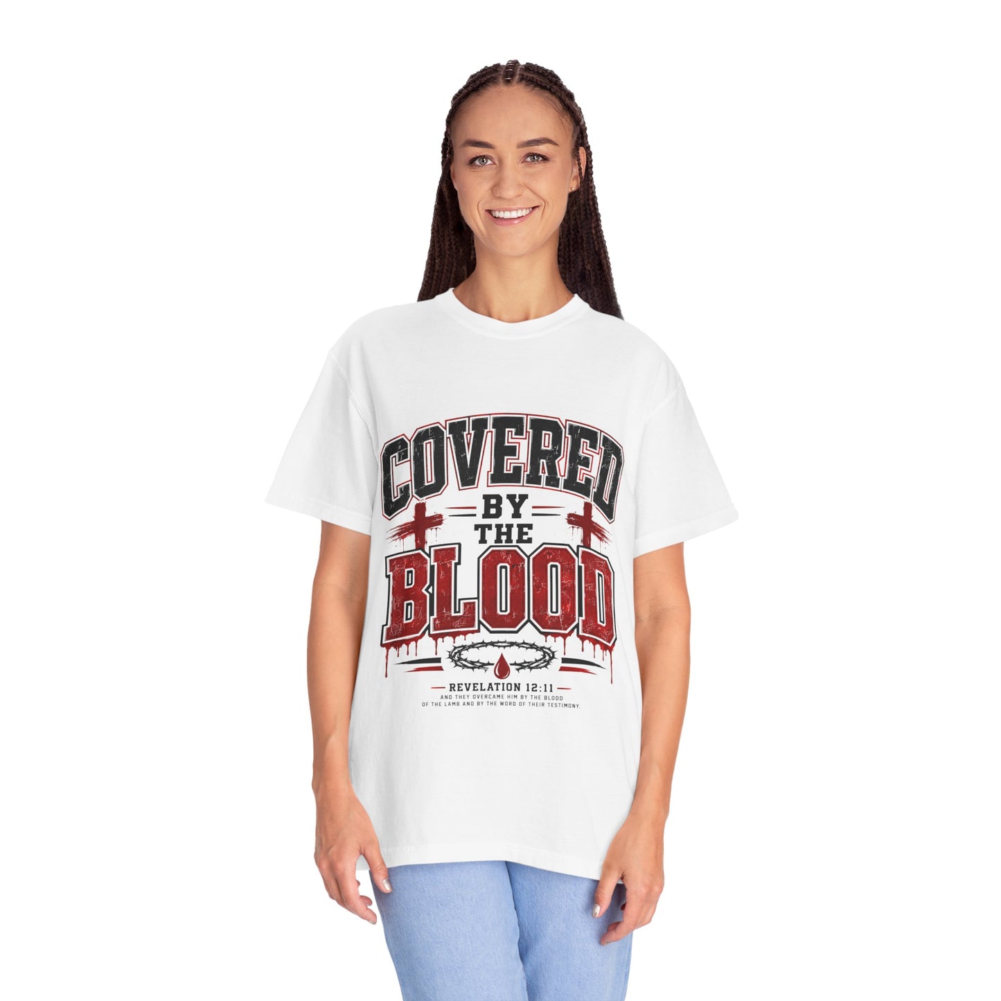 Covered by the Blood T-Shirt — Christian Faith Graphic Tee (Revelation 12:11)