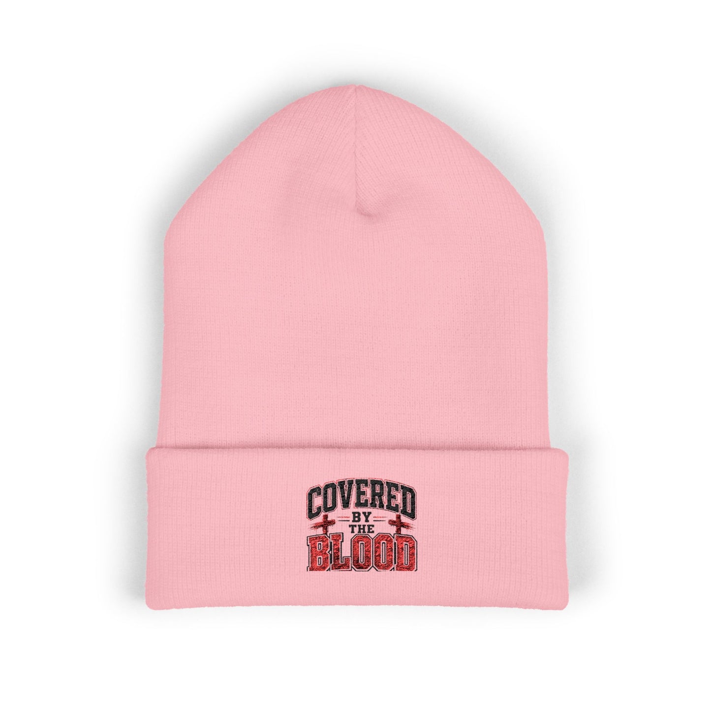 Embroidered 'Covered by the Blood' Cuffed Beanie — Christian Faith Knit Hat