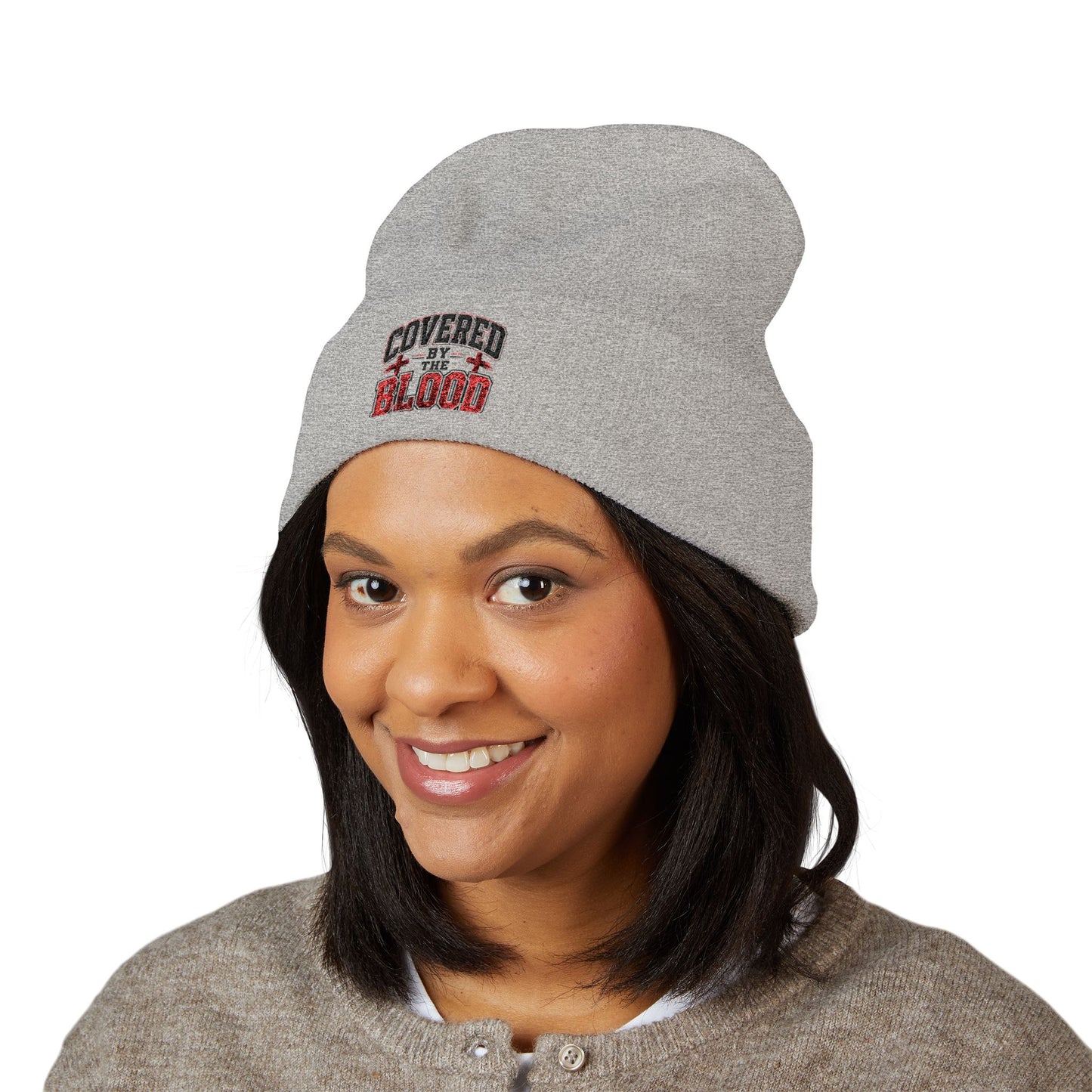 Embroidered 'Covered by the Blood' Cuffed Beanie — Christian Faith Knit Hat